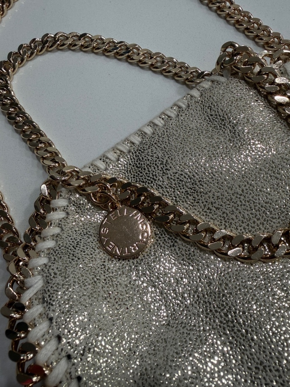 Stella McCartney Inspo Metallic Cream Chain-Trim Mini Crossbody Bag